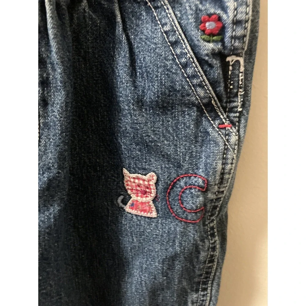 OshKosh Jeans Overalls Bibs SZ 12M Embroidered Bird‎ Cat Apple Pink Lined - Picture 4 of 8